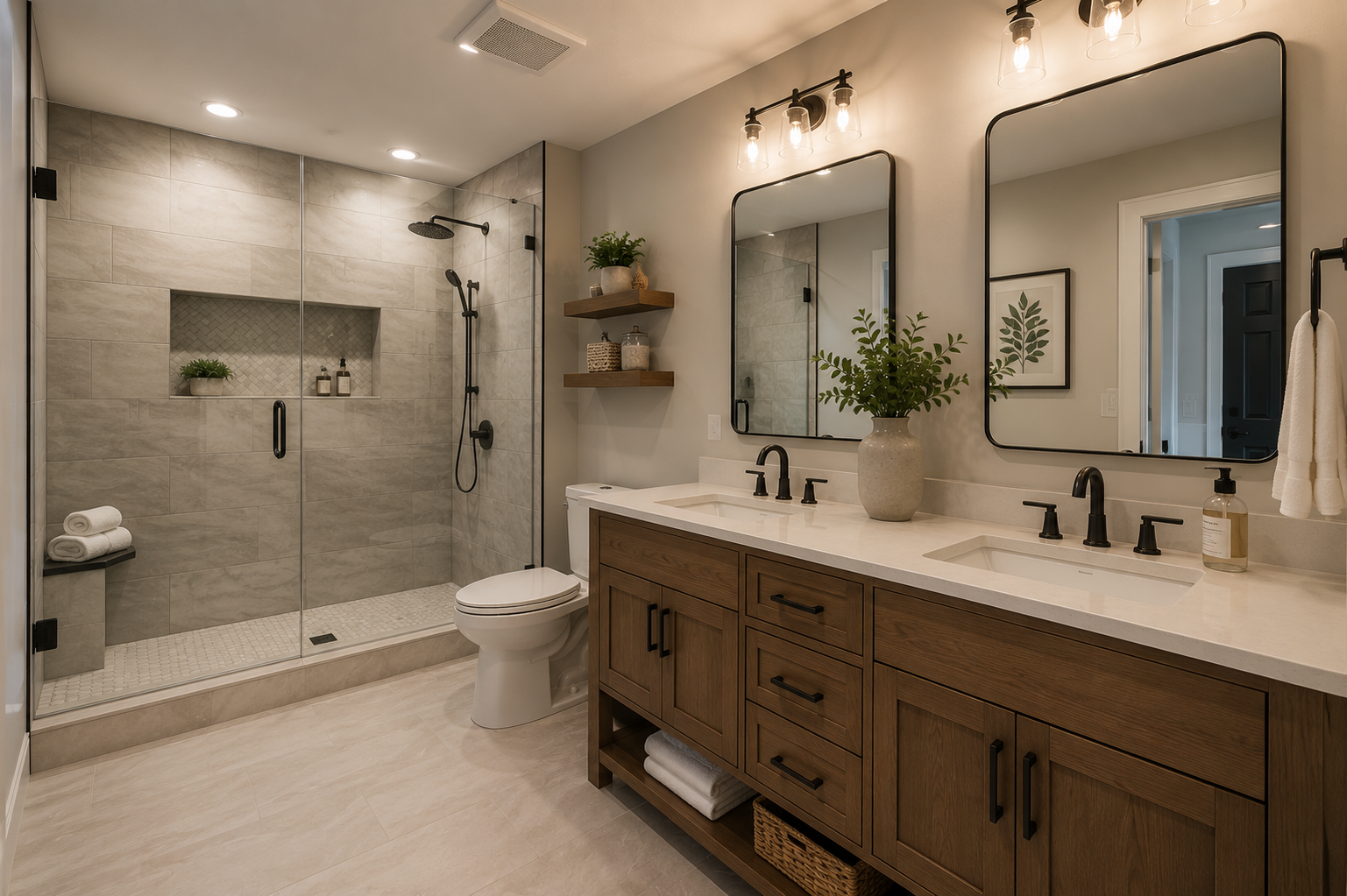 Modern bathroom remodeling with a walk-in glass shower, double vanity, quartz countertop, custom cabinetry, and contemporary fixtures by JTD Contractors.