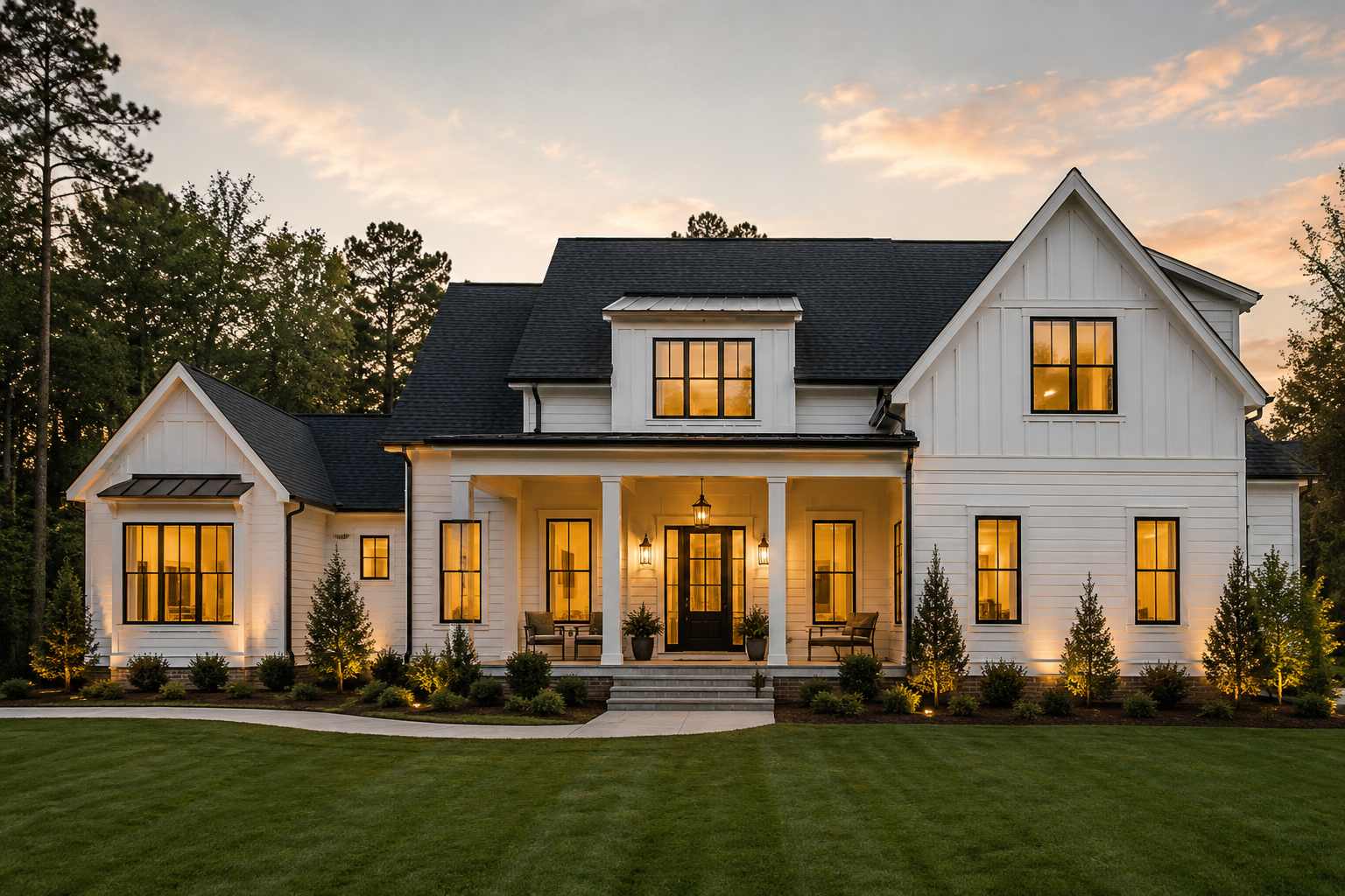 Custom home building showcasing a newly constructed modern farmhouse with premium craftsmanship, covered front porch, landscaped exterior, and elegant architectural design by JTD Contractors.