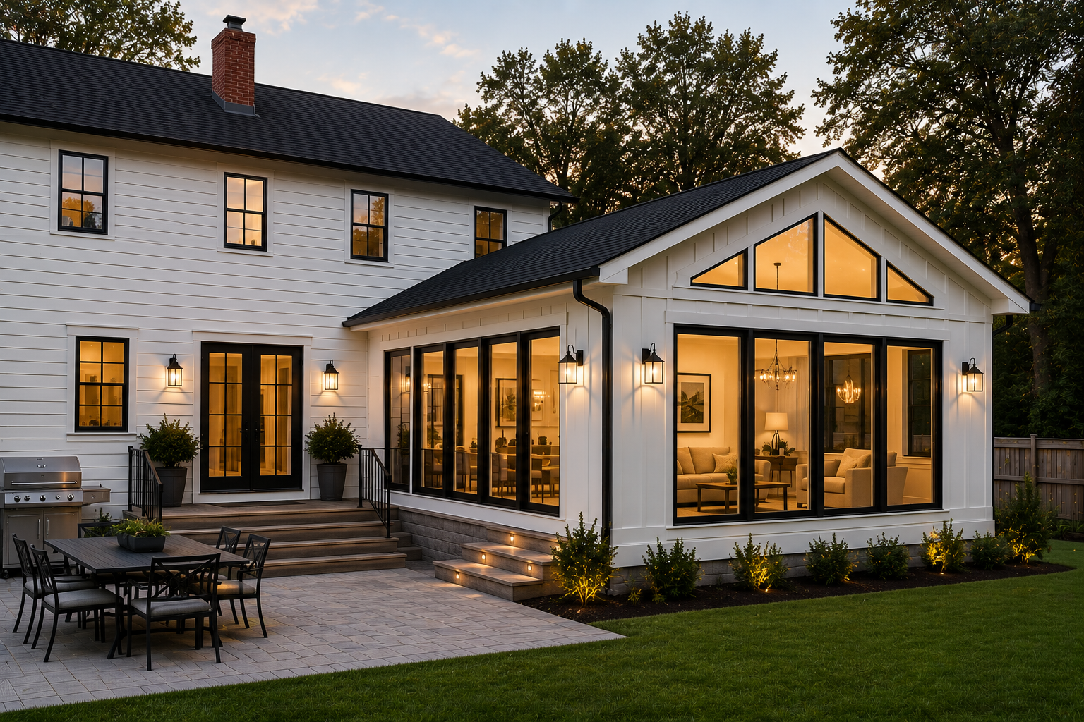 Custom home addition featuring a newly built sunroom and attached garage extension that blends seamlessly with the existing home, completed with premium craftsmanship by JTD Contractors.