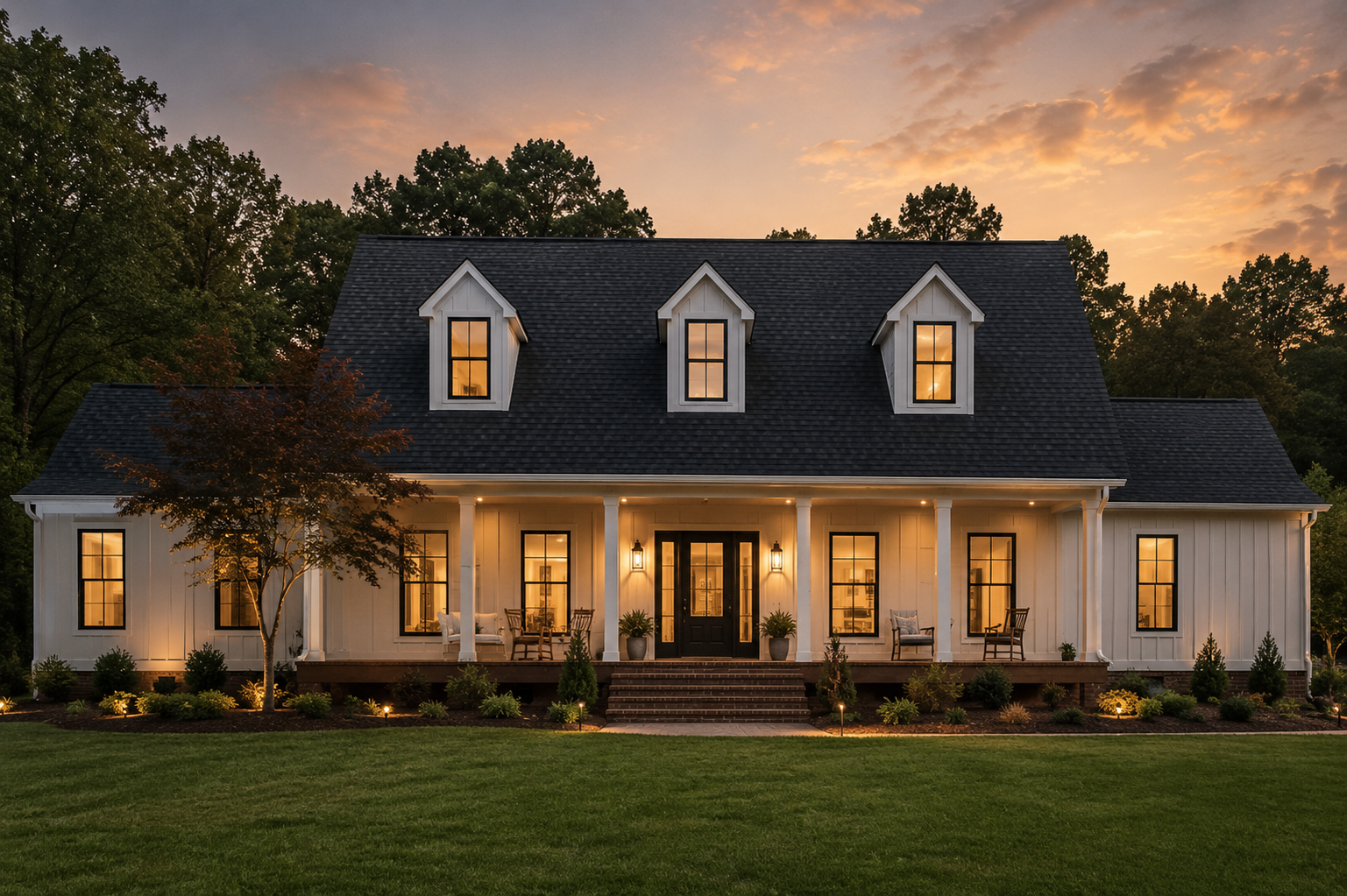 Full home renovation featuring a modern farmhouse exterior with updated siding, covered front porch, landscaped yard, and warm evening lighting by JTD Contractors.