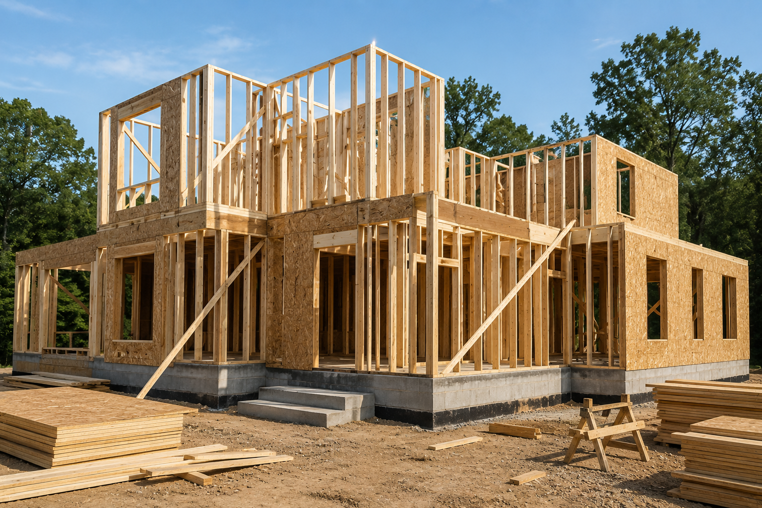 Interior and exterior wall construction showing structural framing for a custom home, highlighting precision craftsmanship and quality construction by JTD Contractors