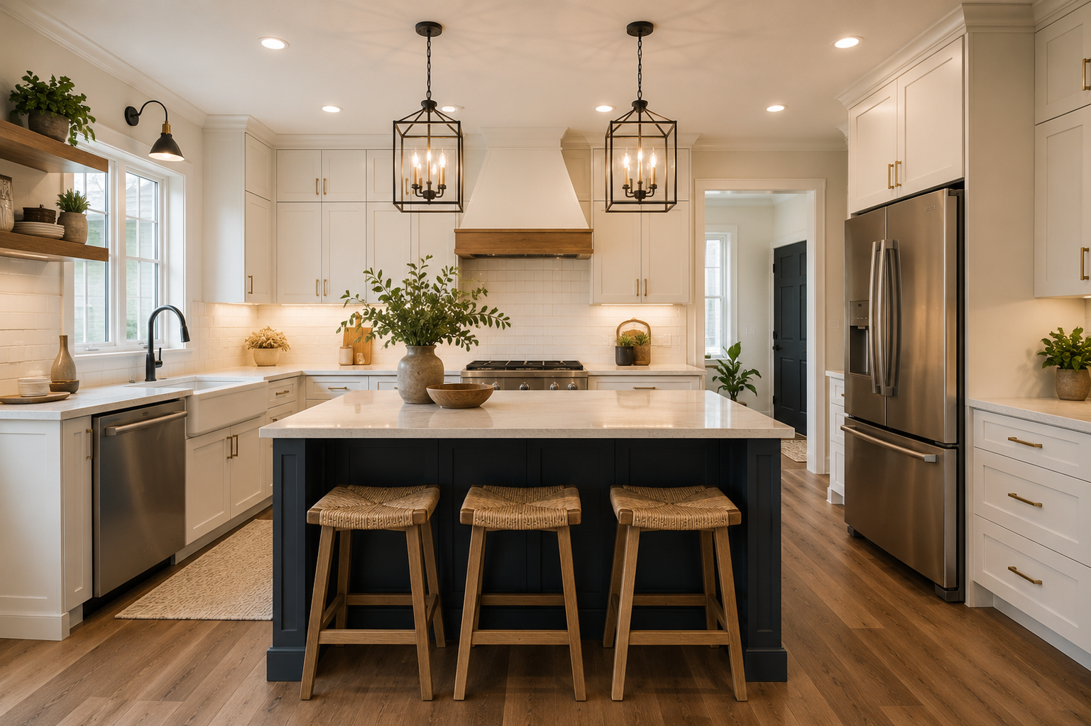 Modern kitchen remodeling featuring white shaker cabinets, large island, quartz countertops, farmhouse sink, pendant lighting, and stainless steel appliances by JTD Contractors.