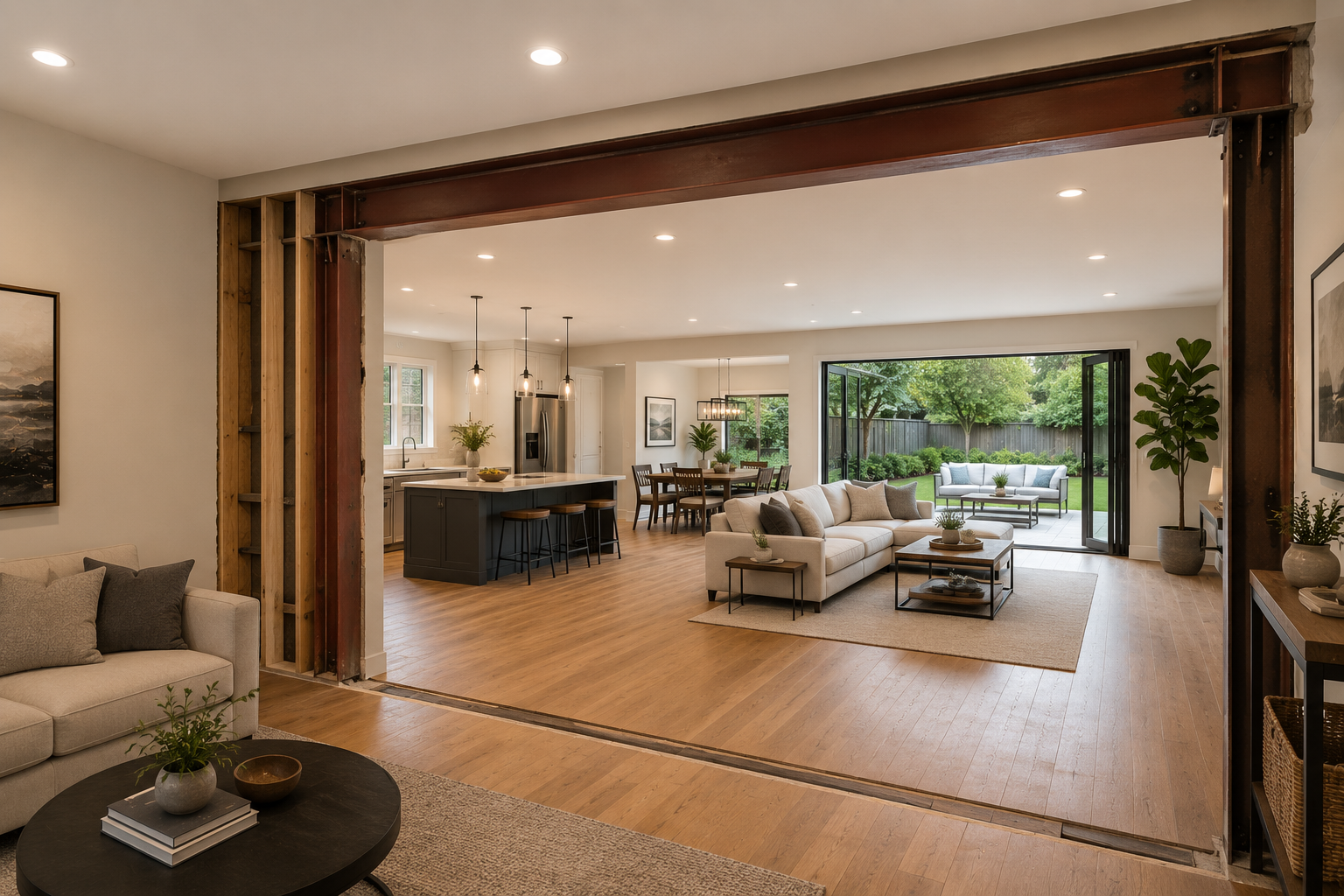 Interior room extension expanding the living area into an open-concept space with seamless indoor-outdoor flow, improved functionality, and modern finishes by JTD Contractors.