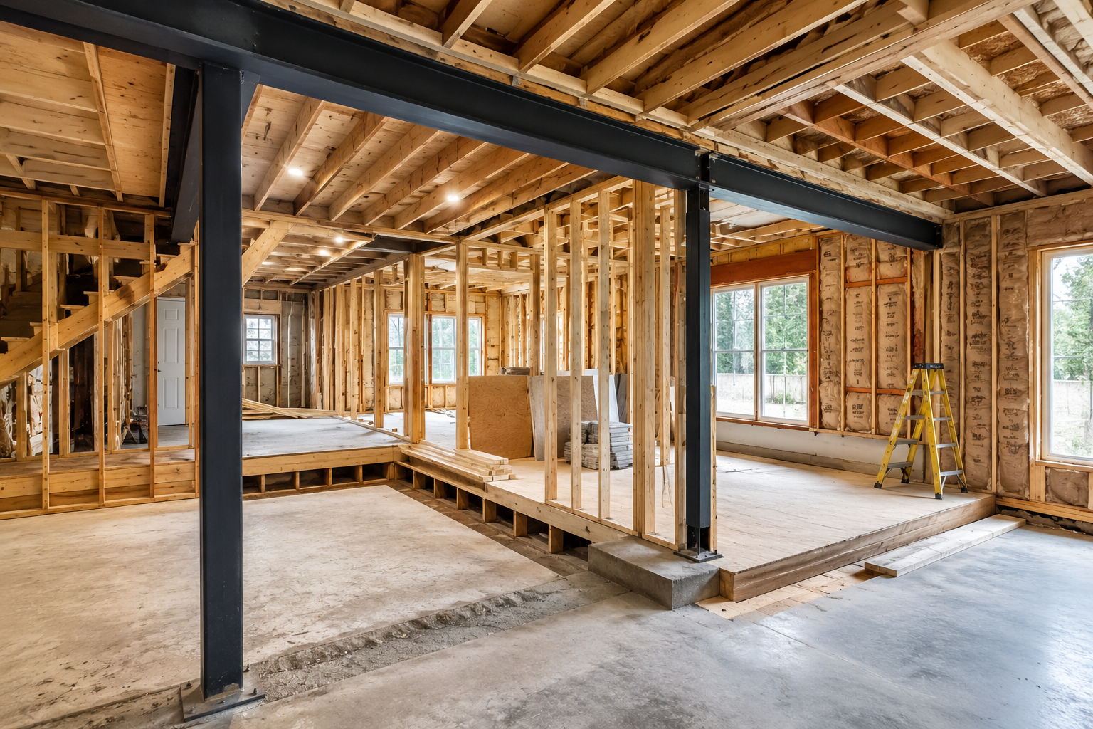 Structural modifications and framing showcasing exposed wall framing, steel support beams, and layout improvements designed to enhance functionality and long-term structural integrity by JTD Contractors.